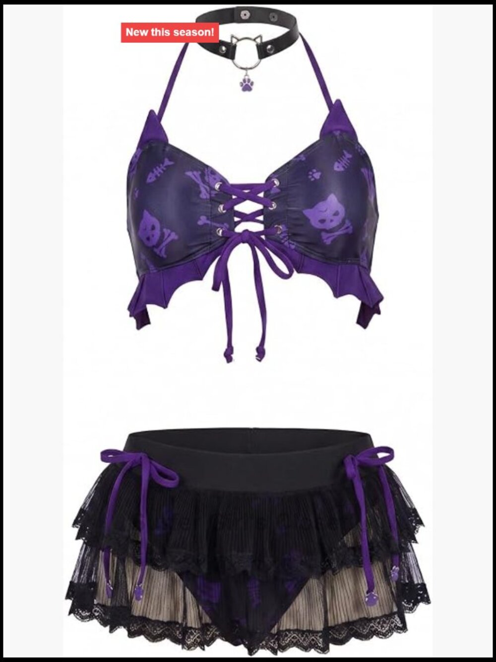 Women's Cat Fishbone Print Bikini Set Halter Top Skirt Two-Piece Swimsuit